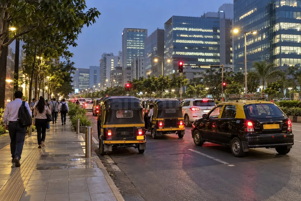 BKC in the evening, wide roads and glass office towers near our desk – contact MumbaiBeauties.net