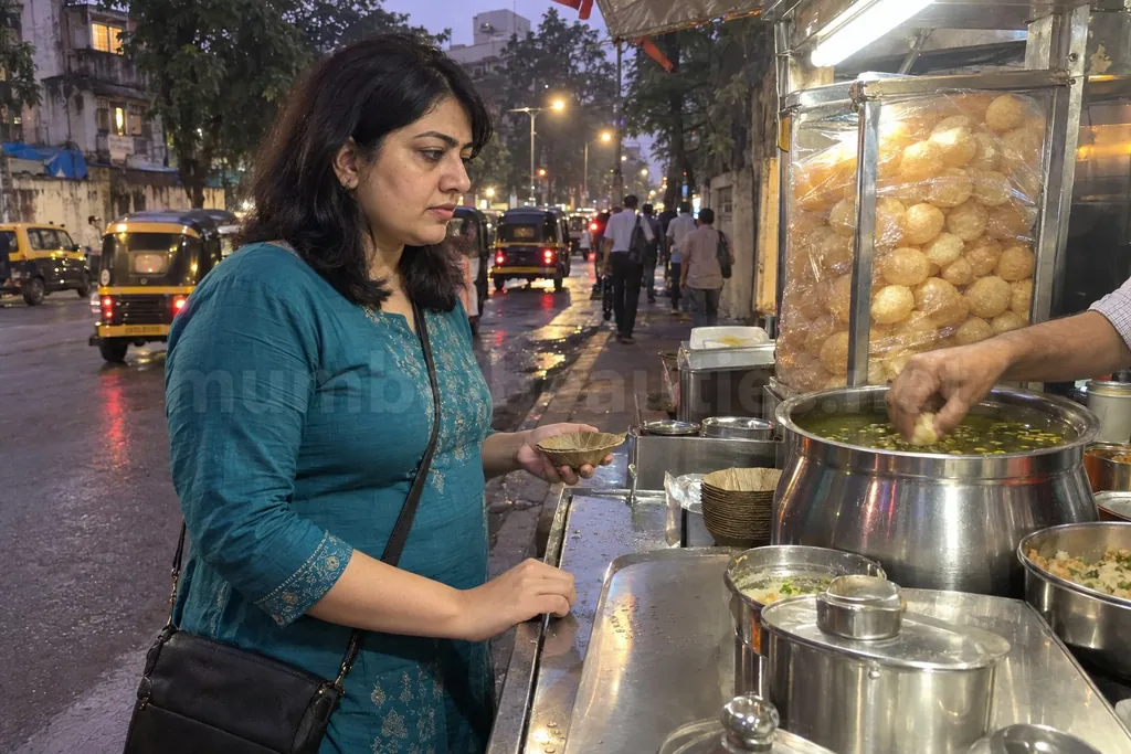 Woman waiting for pani puri at a Chembur street stall in the evening, Chembur call girls