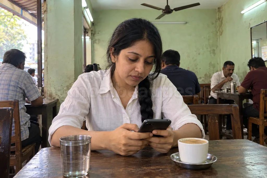 A woman at a cafe table typing a message on her phone, coffee beside her – escort jobs in Mumbai